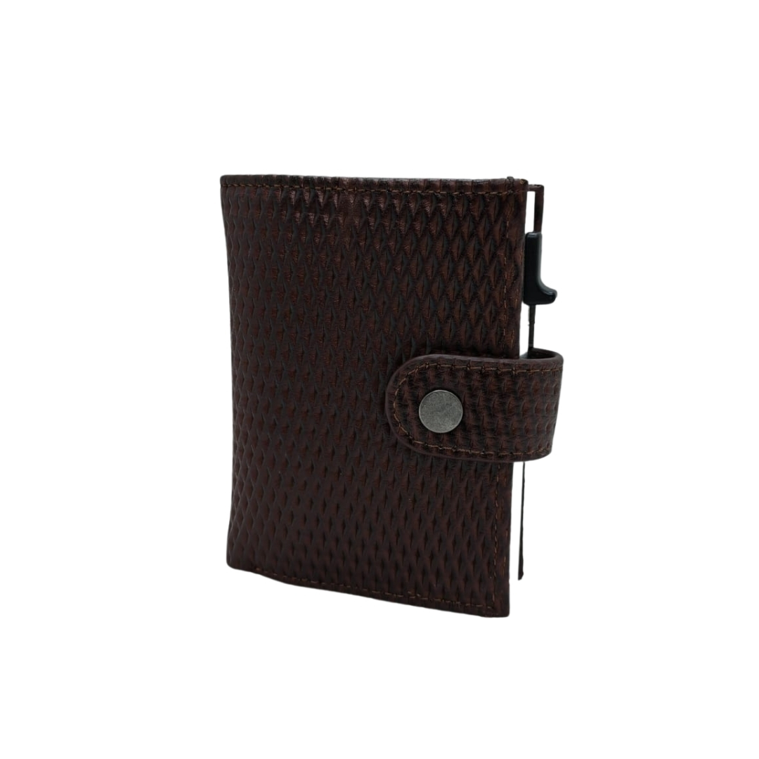 brown textured wallet, men’s leather wallet, RFID card holder wallet, slim leather wallet, snap button wallet, premium leather card holder, stylish gents wallet, compact men’s wallet, diamond pattern wallet, durable leather wallet