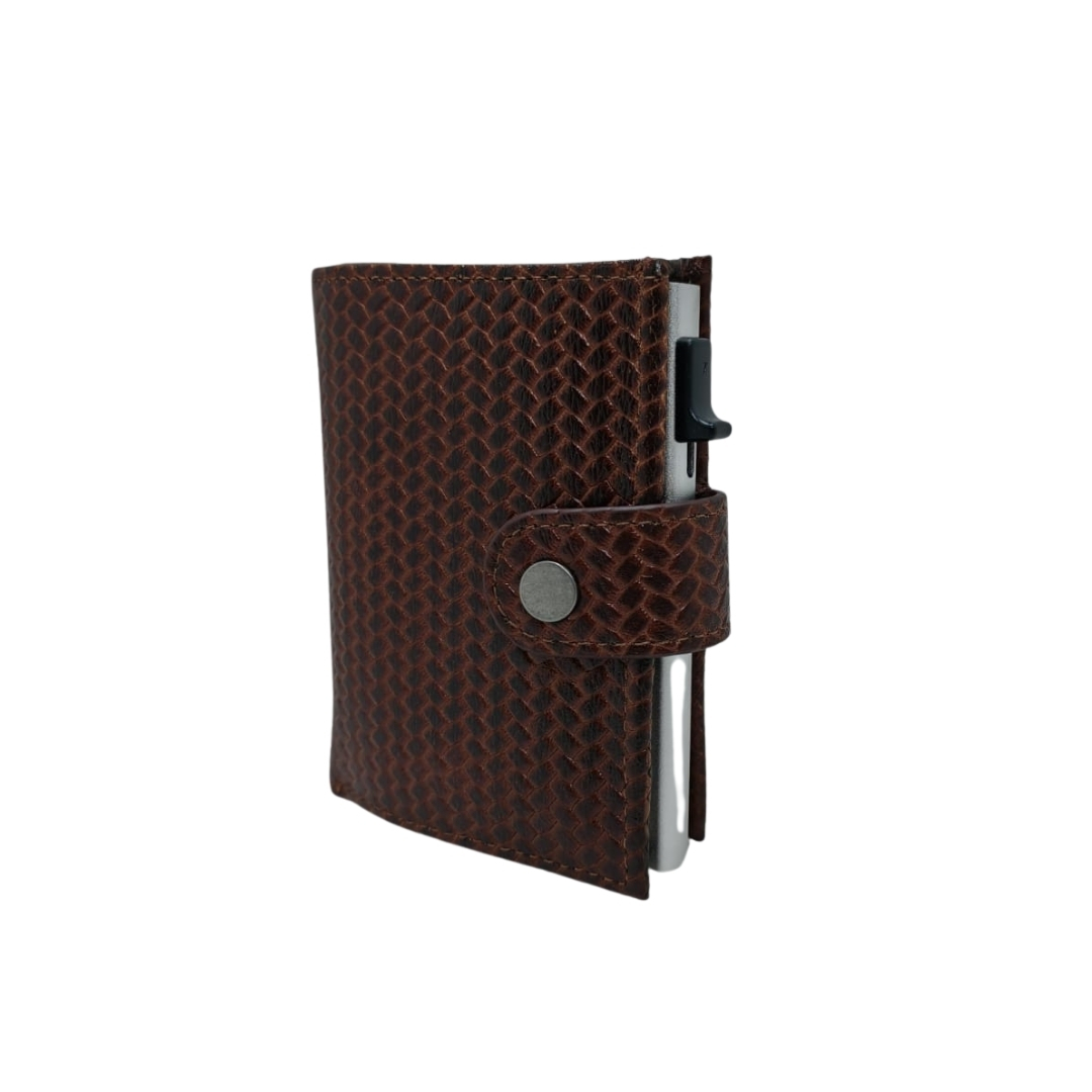 Brown textured leather men’s card holder wallet with snap-button closure and metal card ejector.
