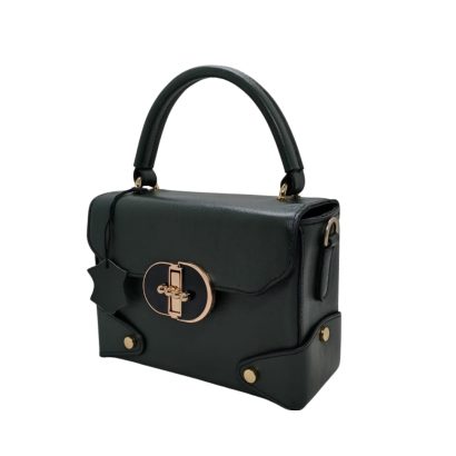 Dark green women’s leather handbag with a top handle and gold twist-lock closure.