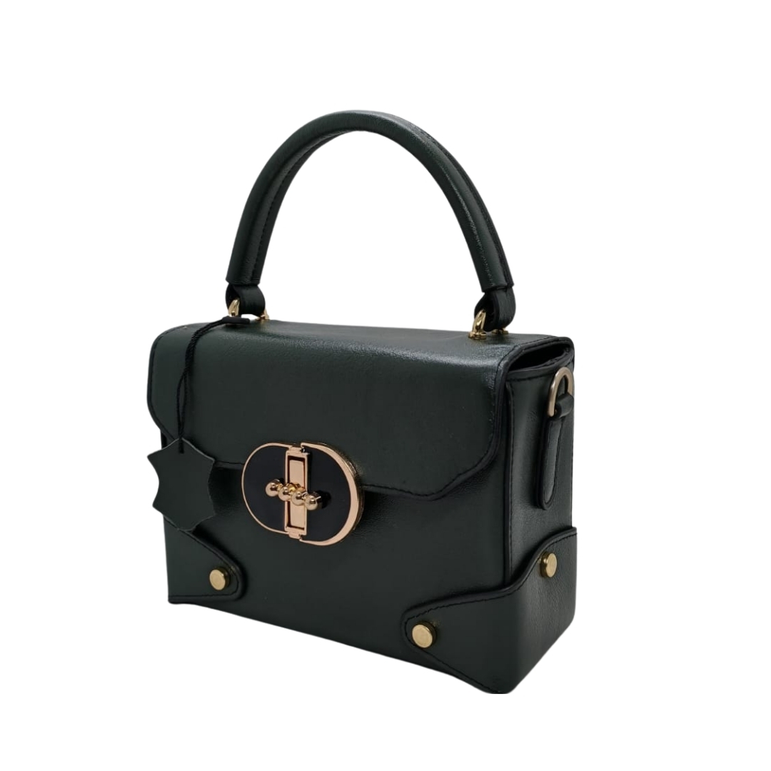 Dark green women’s leather handbag with a top handle and gold twist-lock closure.