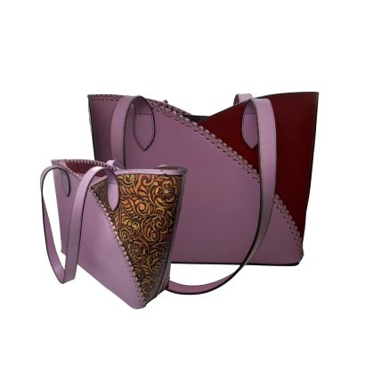 “Handcrafted women’s leather tote bags in lavender and maroon with floral embossed design, shown in two sizes.”