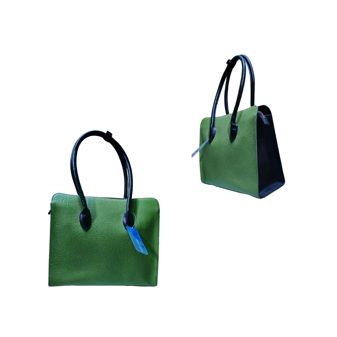 Green women’s leather tote bag with black handles shown from front and side angles.