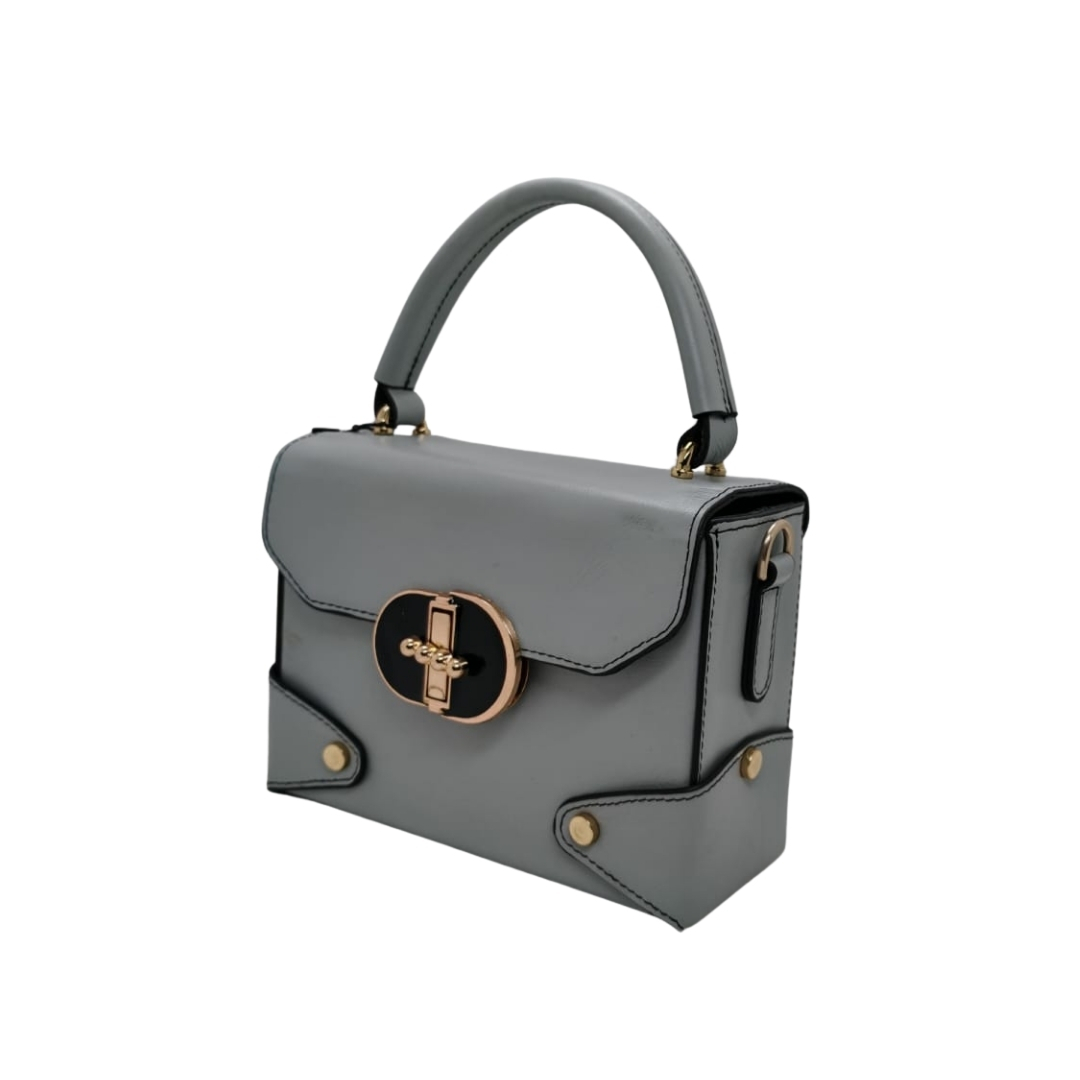 Grey women’s leather handbag with a structured top handle and gold twist-lock closure.