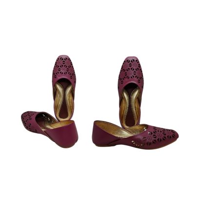 Multiple angle view of handcrafted ladies maroon leather Nagra with laser cut design, made in Bangladesh