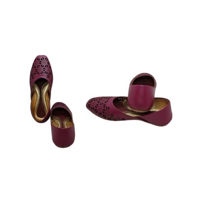 Side and back view of handcrafted ladies maroon leather Nagra with laser cut floral design, made in Bangladesh