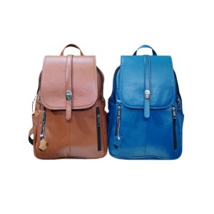 Brown and blue leather backpacks handmade in Bangladesh