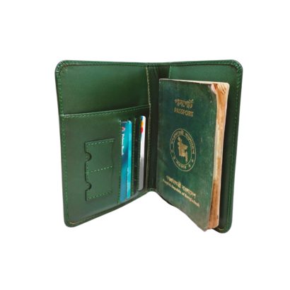 Leather passport holder with Bangladesh flag design, handmade in Bangladesh