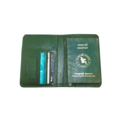 Leather passport holder with Bangladesh flag design, handmade in Bangladesh