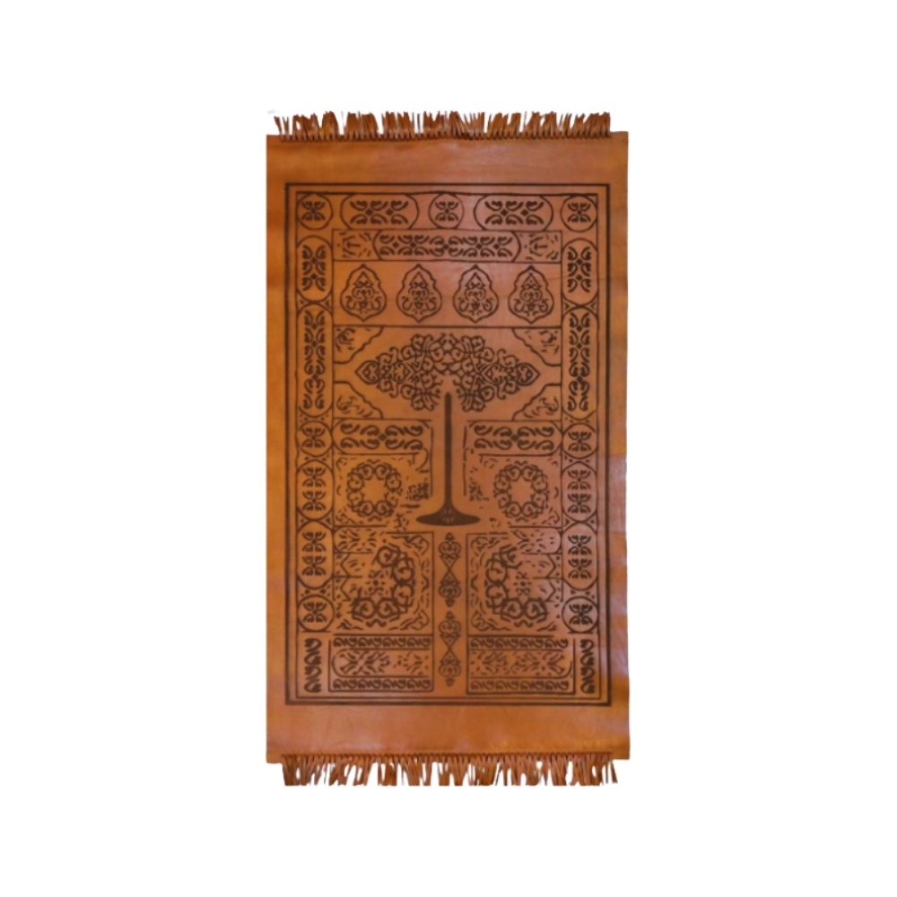 Handcrafted leather prayer mat with traditional Islamic patterns and tree design by Shabab Leather