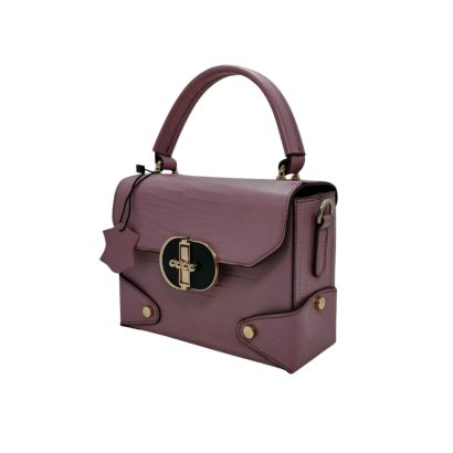 Mauve textured women’s leather handbag with a top handle and gold twist-lock closure.