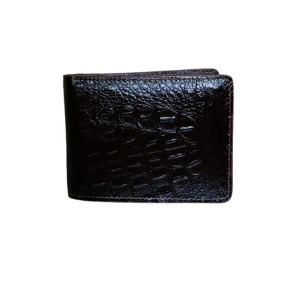 "Men’s black genuine leather wallet with crocodile-embossed textured finish."