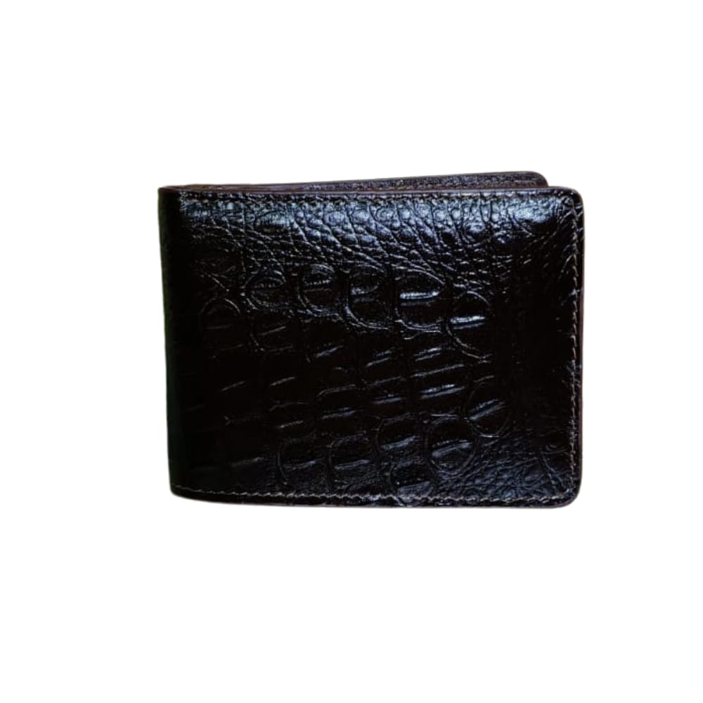 "Men’s black genuine leather wallet with crocodile-embossed textured finish."