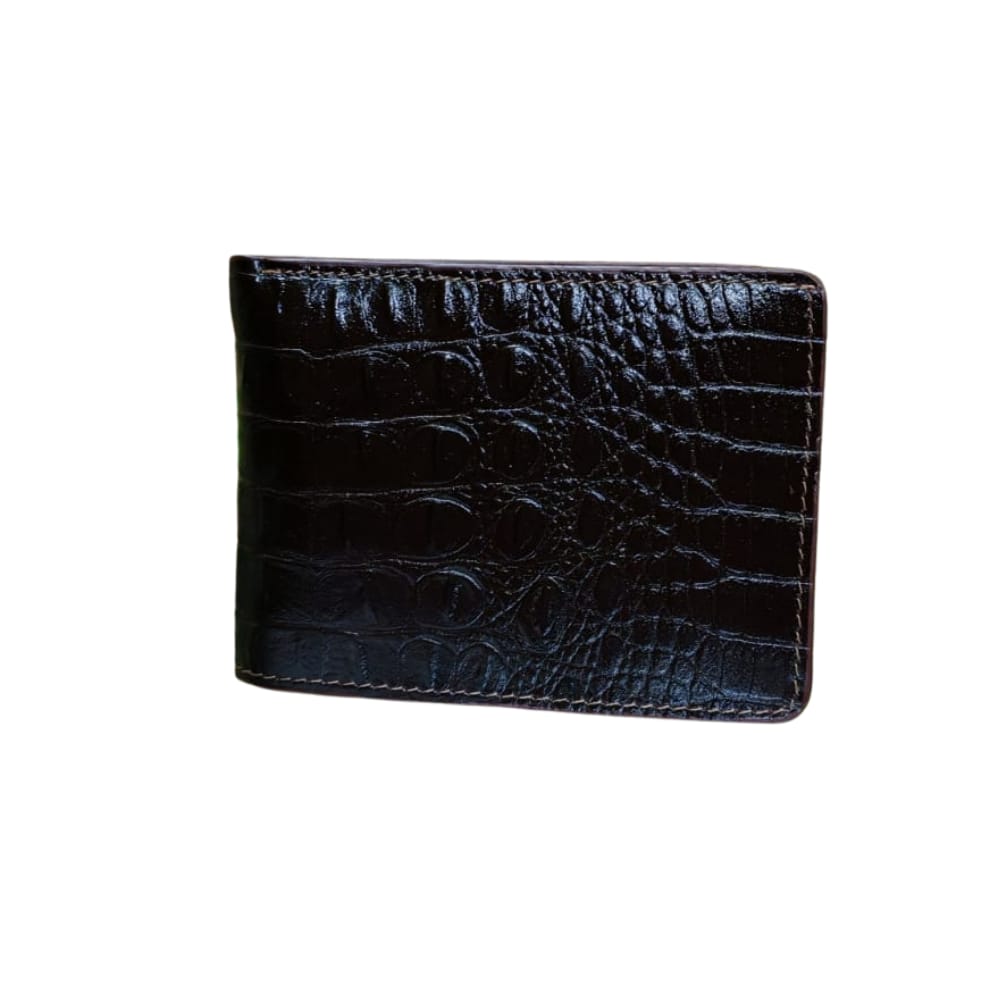 "Men’s black genuine leather wallet with embossed crocodile-pattern texture."