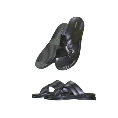 Men’s black leather cross-strap sandal showing side and sole view, handcrafted in Bangladesh.