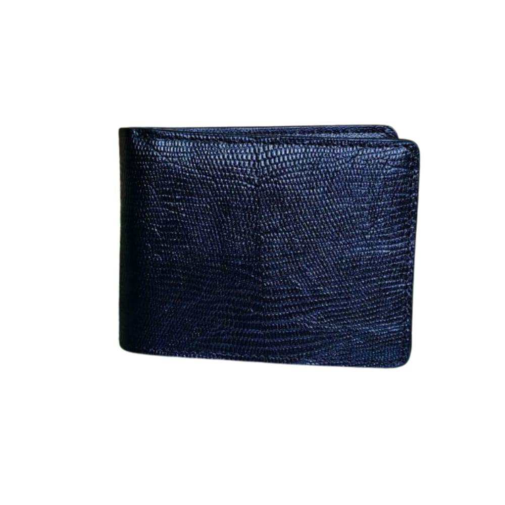 "Men’s black genuine leather wallet with a fine textured finish."