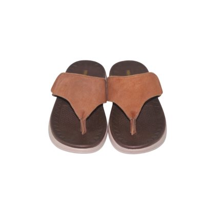 Men’s brown leather flip-flop sandal front view, handcrafted in Bangladesh with soft cushioned sole.