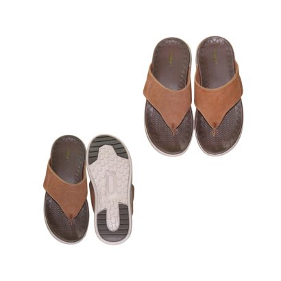 Men’s brown leather flip-flop sandal showing top and sole view, handcrafted in Bangladesh with cushioned comfort.