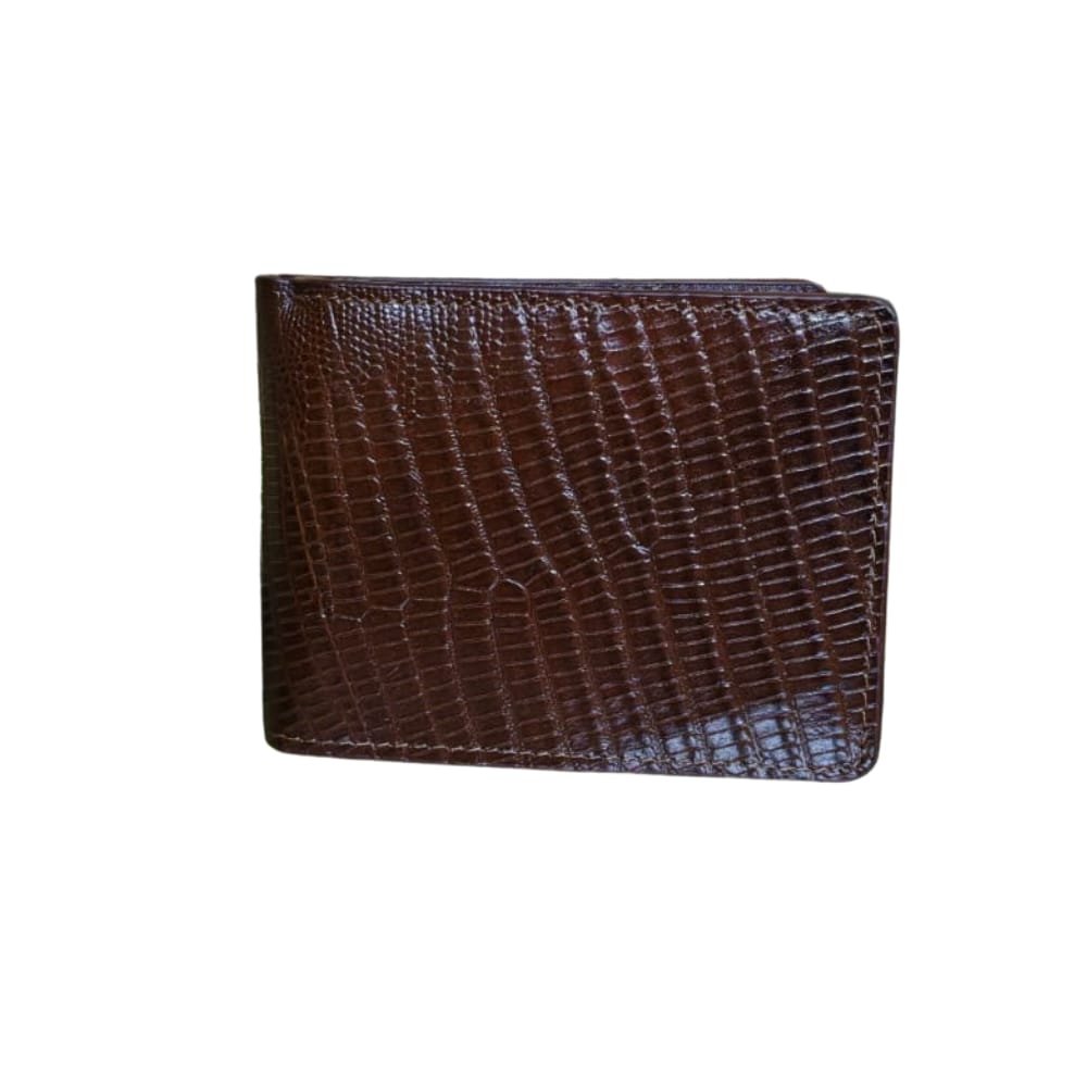 "Men’s brown genuine leather wallet with embossed lizard-pattern texture."