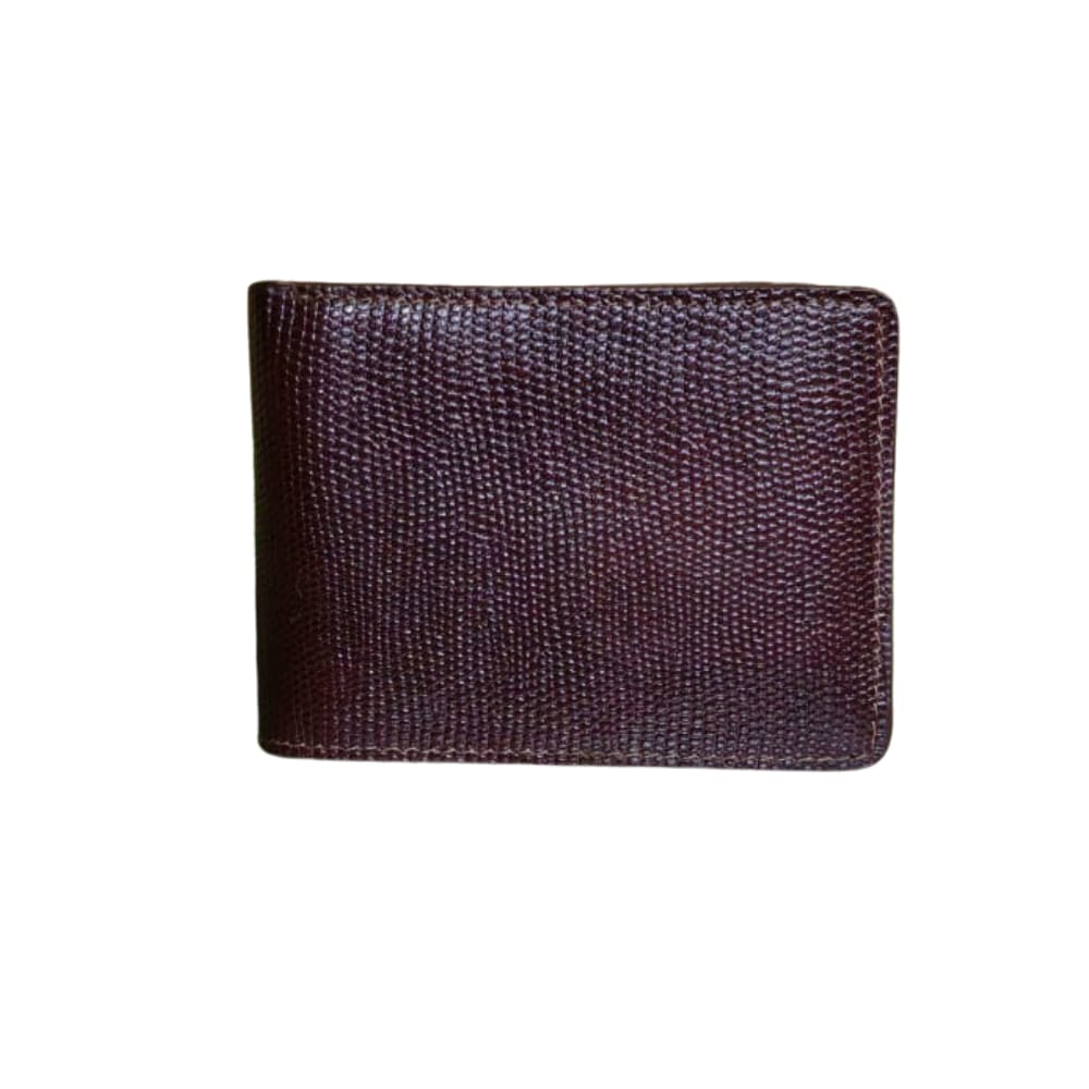 "Men’s brown genuine leather wallet with a fine textured pattern."