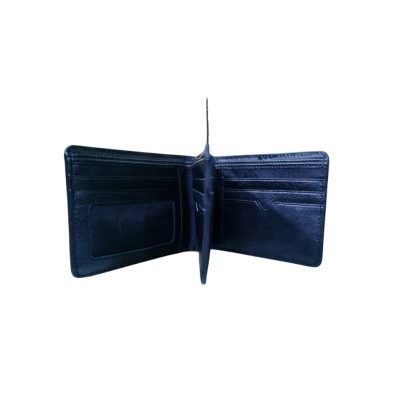 "Men’s genuine leather bifold wallet with multiple card slots and ID window."