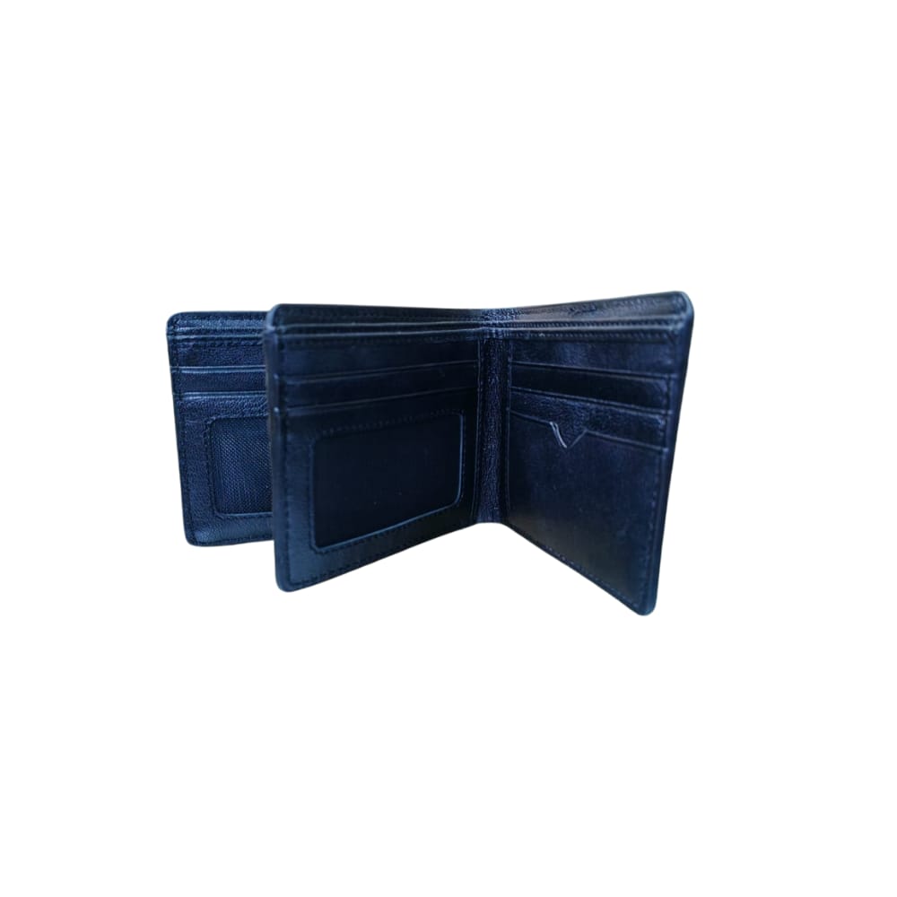 "Open bifold men’s genuine leather wallet with multiple card slots and ID window."