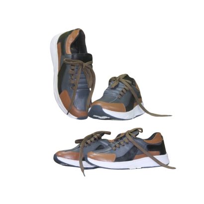 Side and sole view of men’s leather casual sneaker shoe with grip outsole