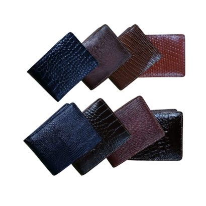 "Premium men’s leather wallet collection with textured and crocodile patterns in black and brown."