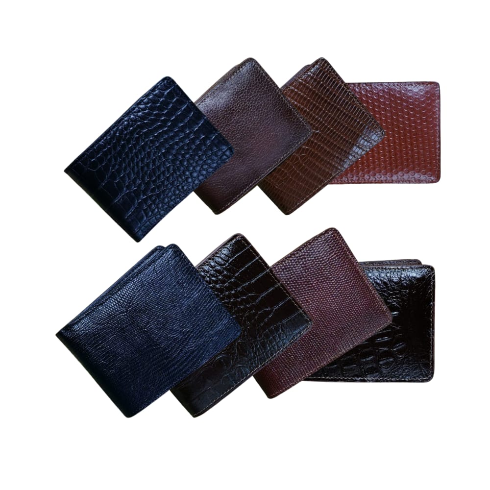 "Premium men’s leather wallet collection with textured and crocodile patterns in black and brown."