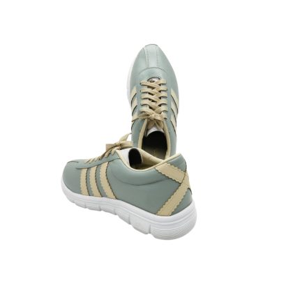 "Mint green casual sneakers with cream stripes and X-back design, lightweight cushioned sole."