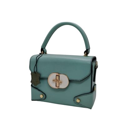 Mint green women’s leather handbag with a top handle and gold twist-lock closure.