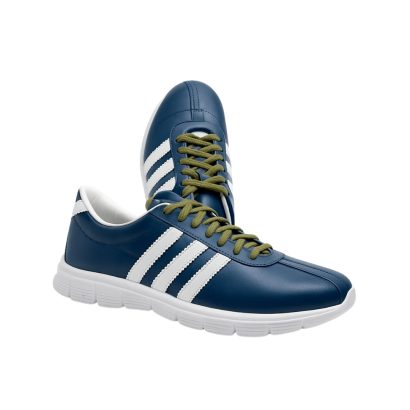 "Navy blue casual sneakers with white stripes and lightweight cushioned sole."