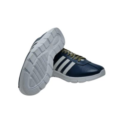 "Navy blue casual sneakers showing non-slip outsole and white stripe design."