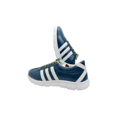 "Navy blue casual sneakers with white stripes and X-back detail, lightweight cushioned sole."