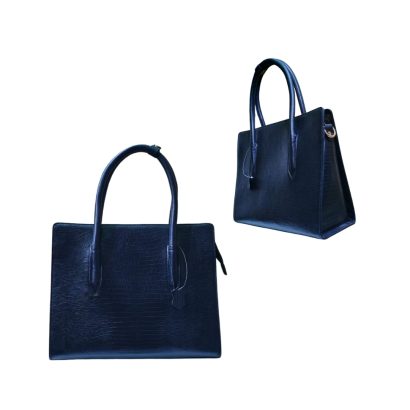 Navy blue textured women’s leather tote bag with matching handles shown from front and side angles.