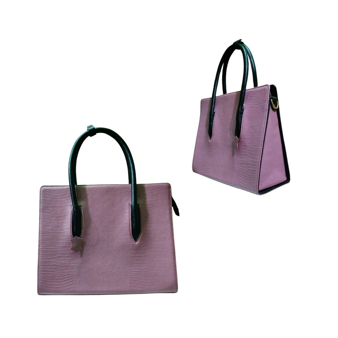 Pink textured women’s leather tote bag with black handles shown from front and side angles.