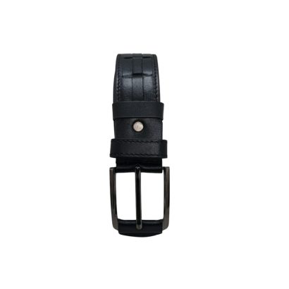 Premium black genuine leather belt for men with polished metal buckle, handmade in Bangladesh