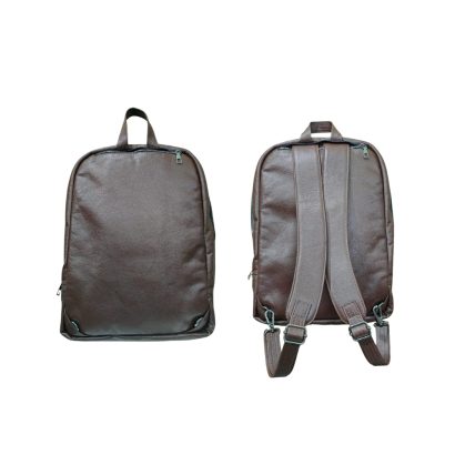 Front view of premium brown leather laptop backpack with minimalist professional design