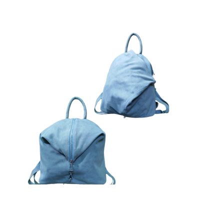 Sky blue leather ladies backpack handcrafted in Bangladesh with zipper closure and compact design