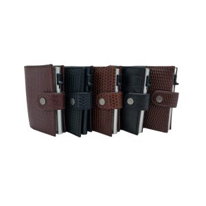 Multiple men’s leather card holder wallets in brown and black with textured patterns and metal button closure, displayed side by side.