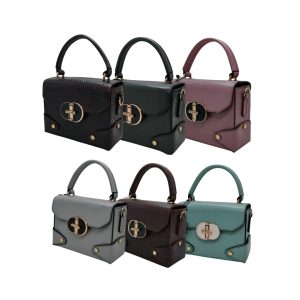 Six women’s leather handbags in assorted colors and textures with top handles and gold lock design displayed in two rows.