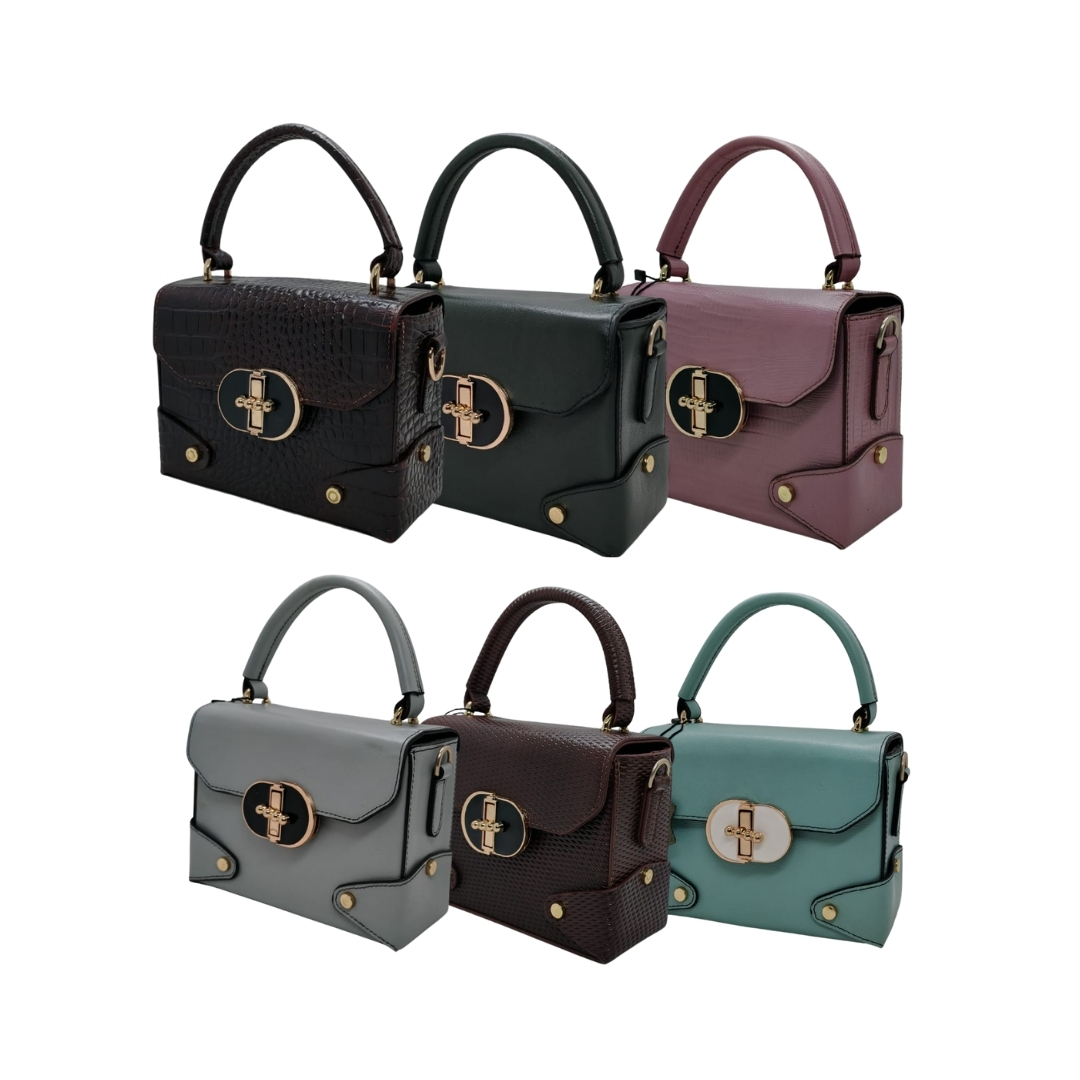 Six women’s leather handbags in assorted colors and textures with top handles and gold lock design displayed in two rows.