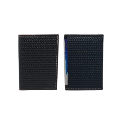 Black woven-texture leather card holder front and back view with slim minimalist design by Shabab Leather