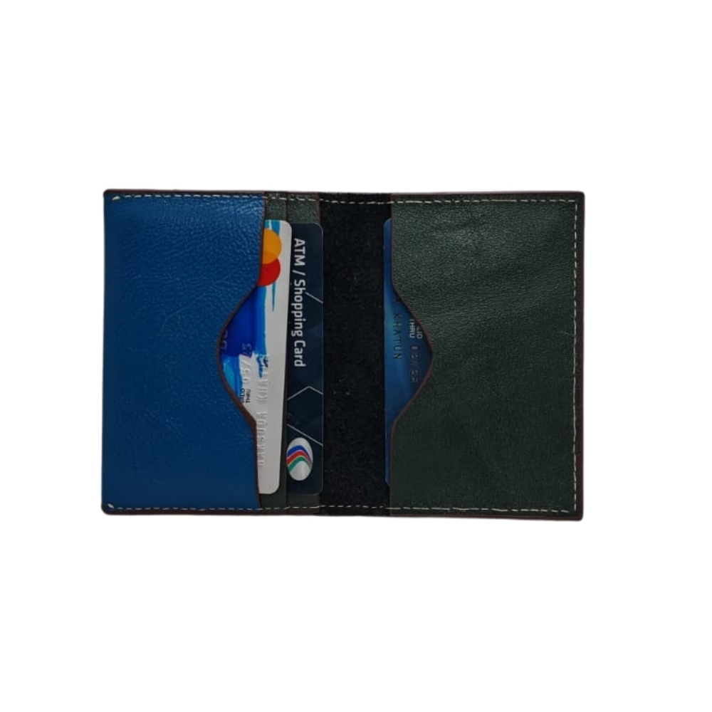 Blue and green leather card holder inside view with multiple card slots and slim design by Shabab Leather