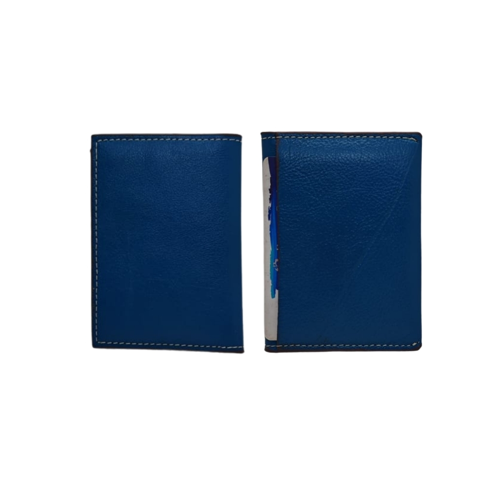 Blue leather card holder front and back view with slim minimalist design and premium finish by Shabab Leather