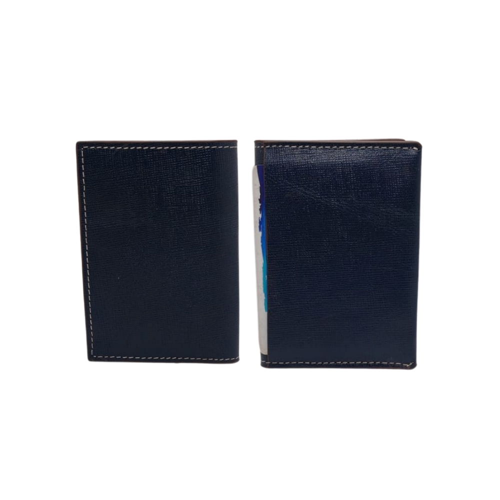 Blue leather card holder front and back view with slim minimalist design and premium finish by Shabab Leather