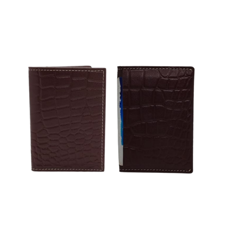 Brown crocodile-texture leather card holder front and back view with slim design by Shabab Leather