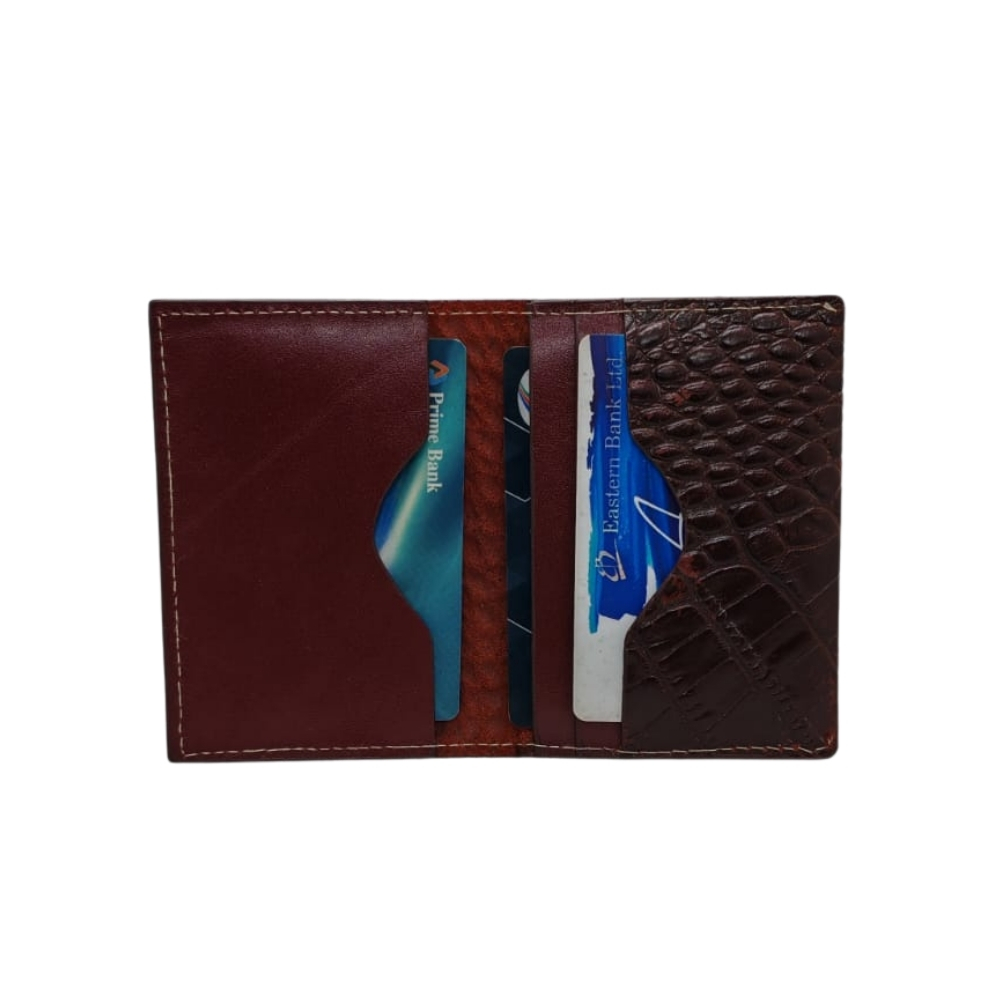 Brown mixed-texture leather card holder inside view with multiple card slots and slim design by Shabab Leather