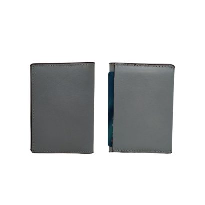Grey leather card holder front and back view with slim minimalist design by Shabab Leather