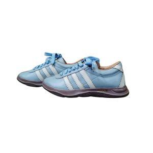 Side view of light blue genuine leather casual shoes for men with lace-up design, made in Bangladesh