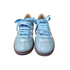 Front view of light blue genuine leather casual shoes for men with lace-up design, made in Bangladesh